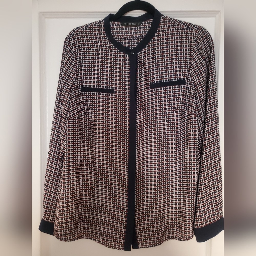 Navy and red patterned long sleeve blouse